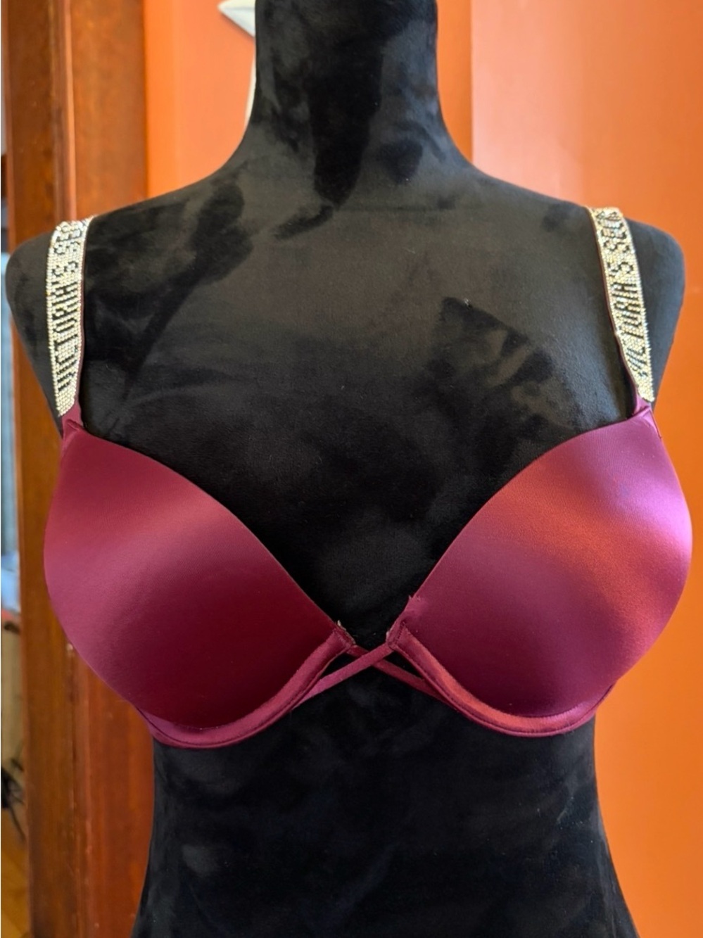 Victoria's Secret Plum Satin Push-Up Bombshell Bra with Embellished Straps